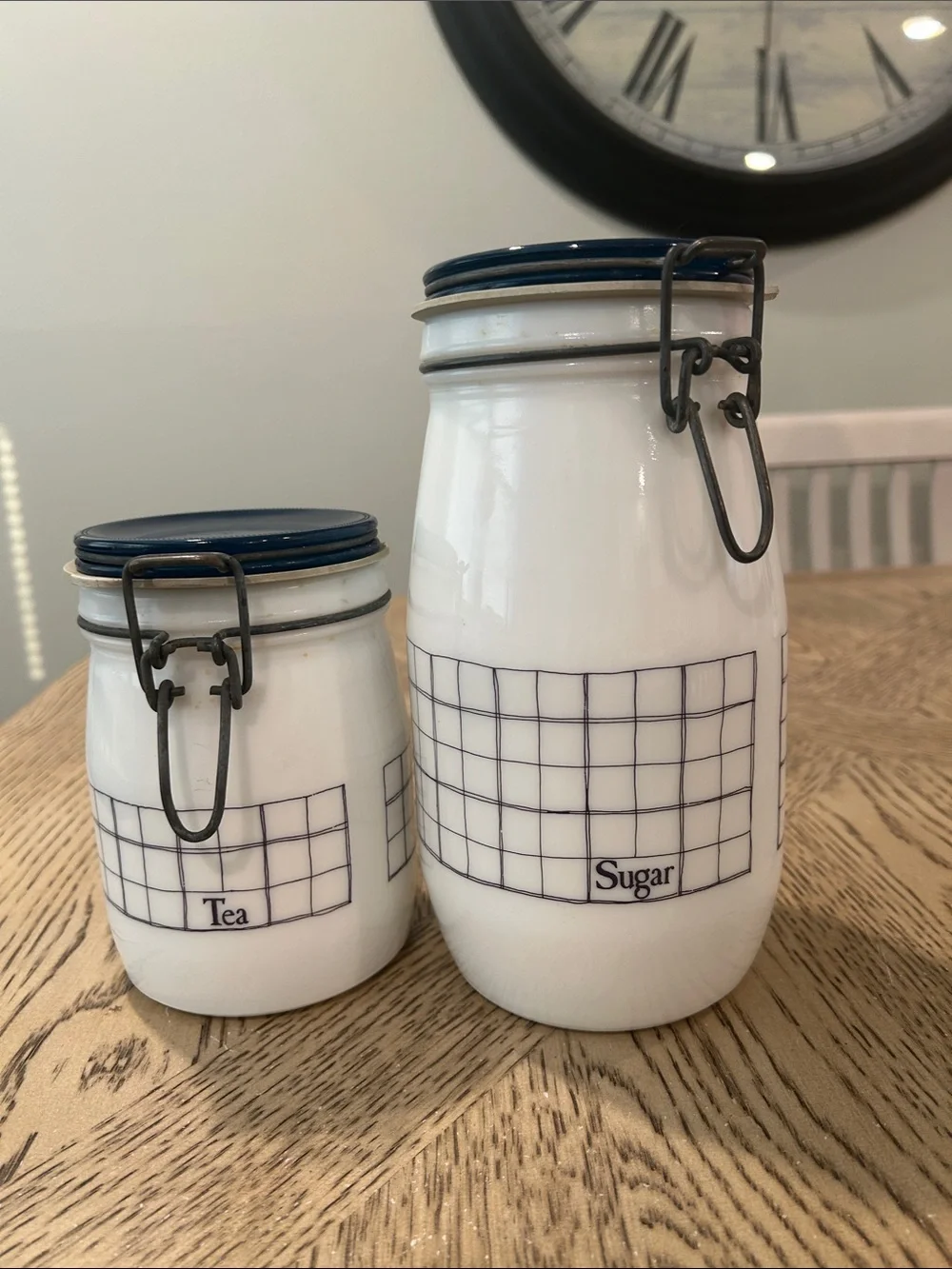 Vintage Wheaton Milk glass Tea & Sugar Canister Set in White with Blue Lids
